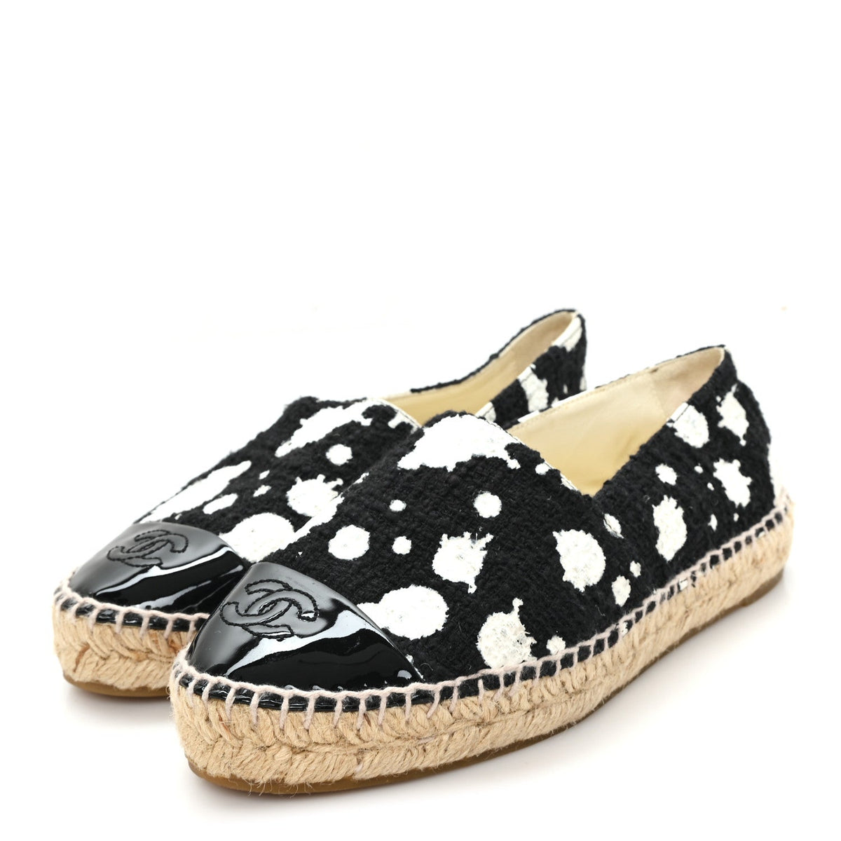 Chanel - Patent Tweed Splatter Paint Print Cap Toe CC Espadrilles