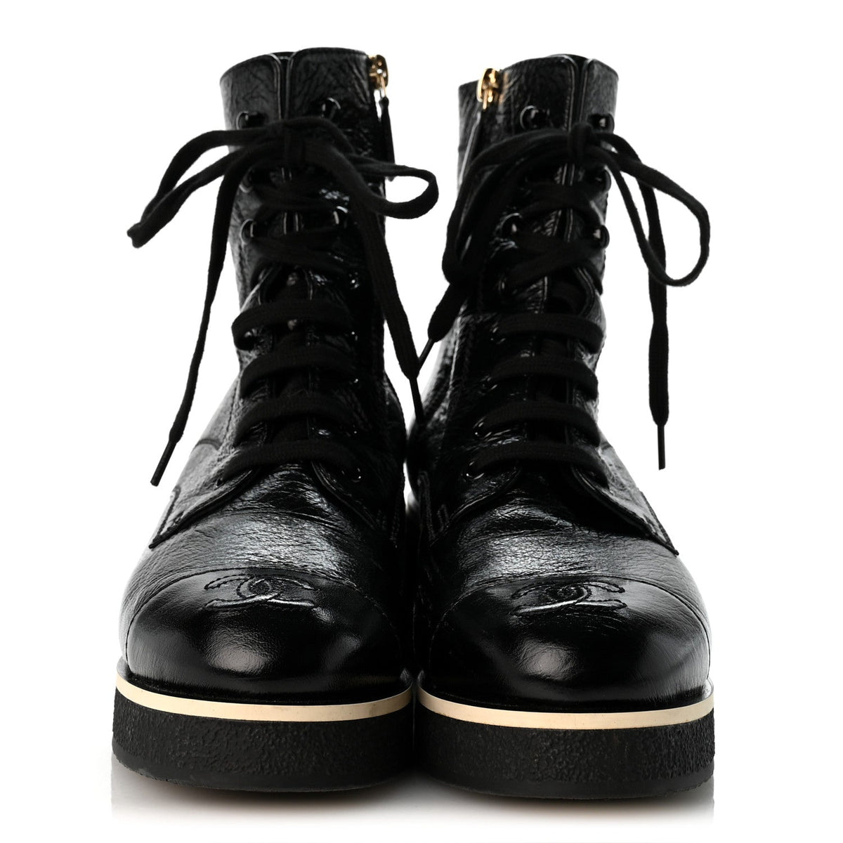 Chanel - Shiny Crumpled Lambskin Lace Up Combat Boots
