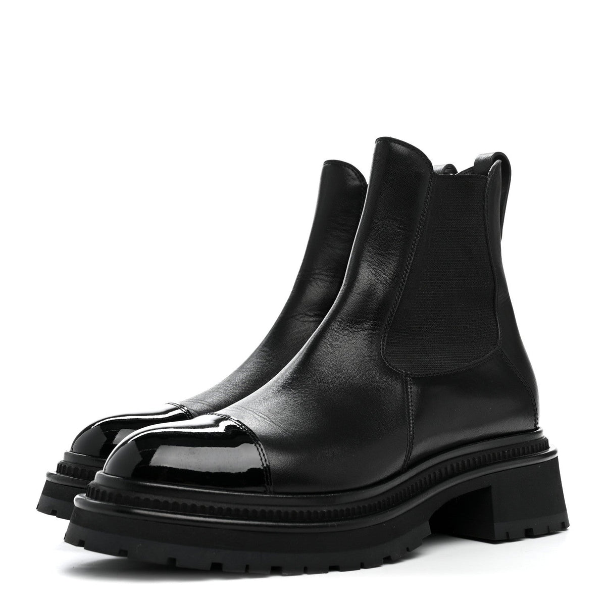 Chanel - Calfskin Patent Cap Toe Ankle Boots