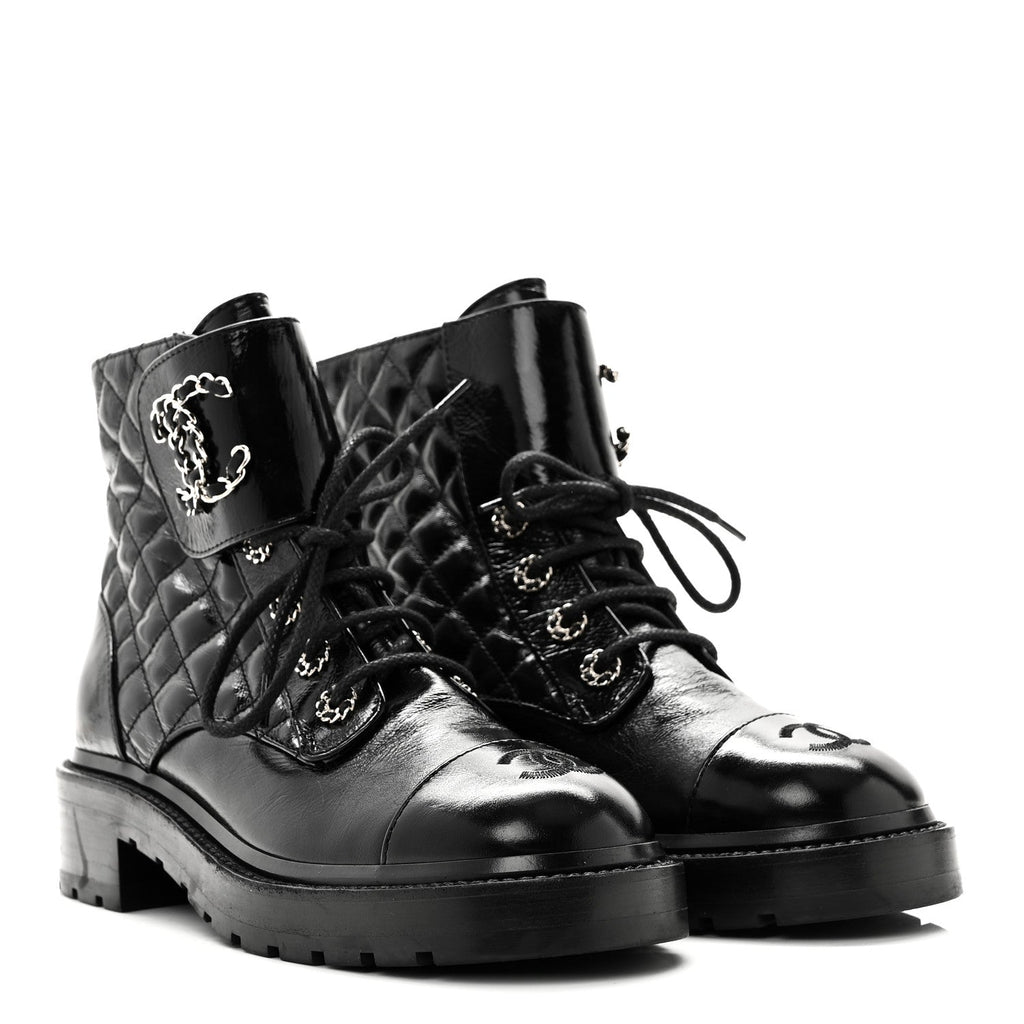 Chanel - Shiny Lambskin Quilted Lace Up Combat Boots