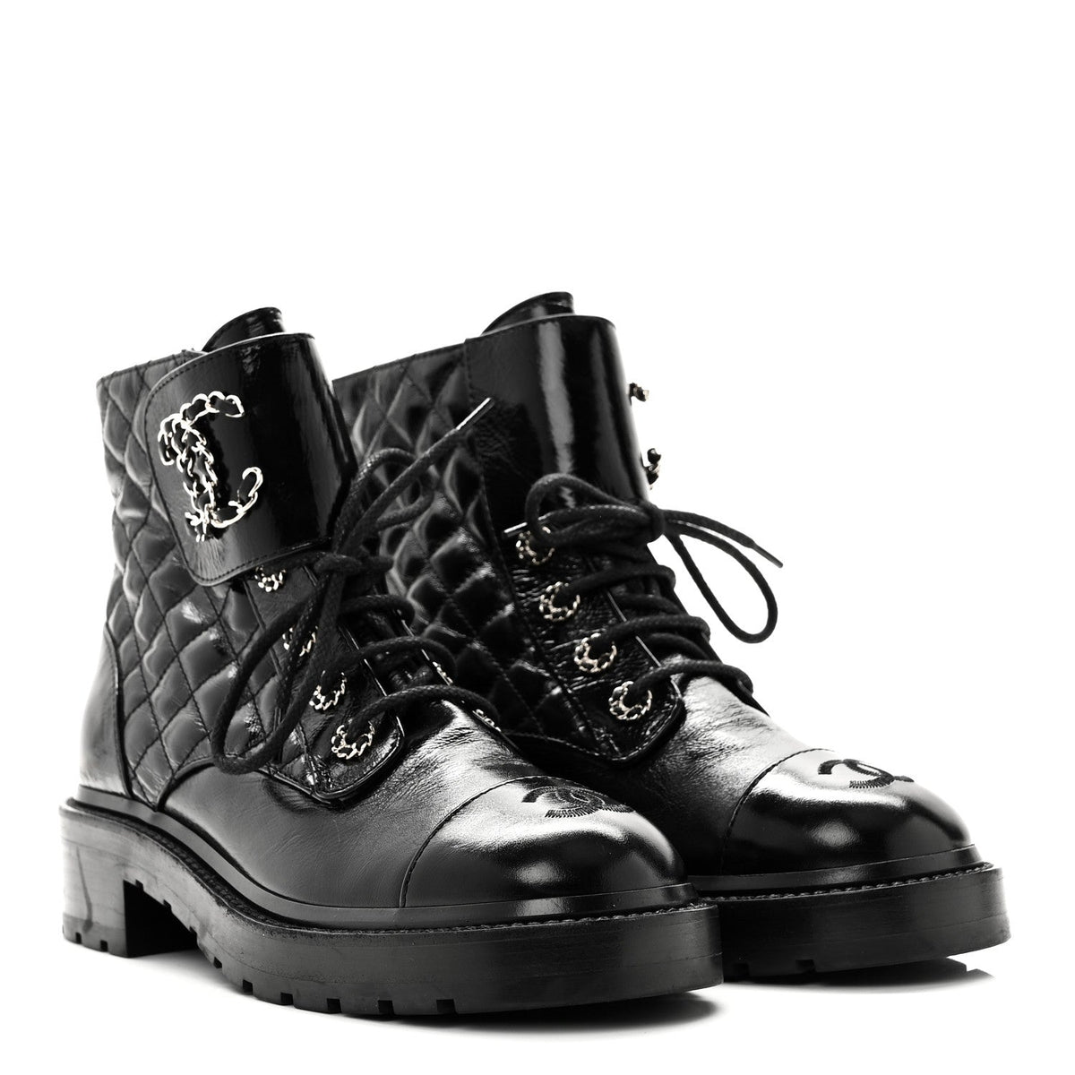 Chanel - Shiny Lambskin Quilted Lace Up Combat Boots