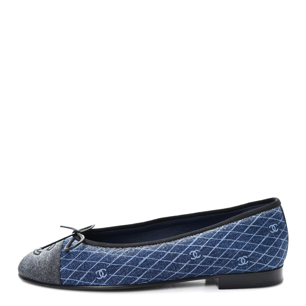 Chanel - Denim Printed Quilt CC Cap Toe Ballerina Flats