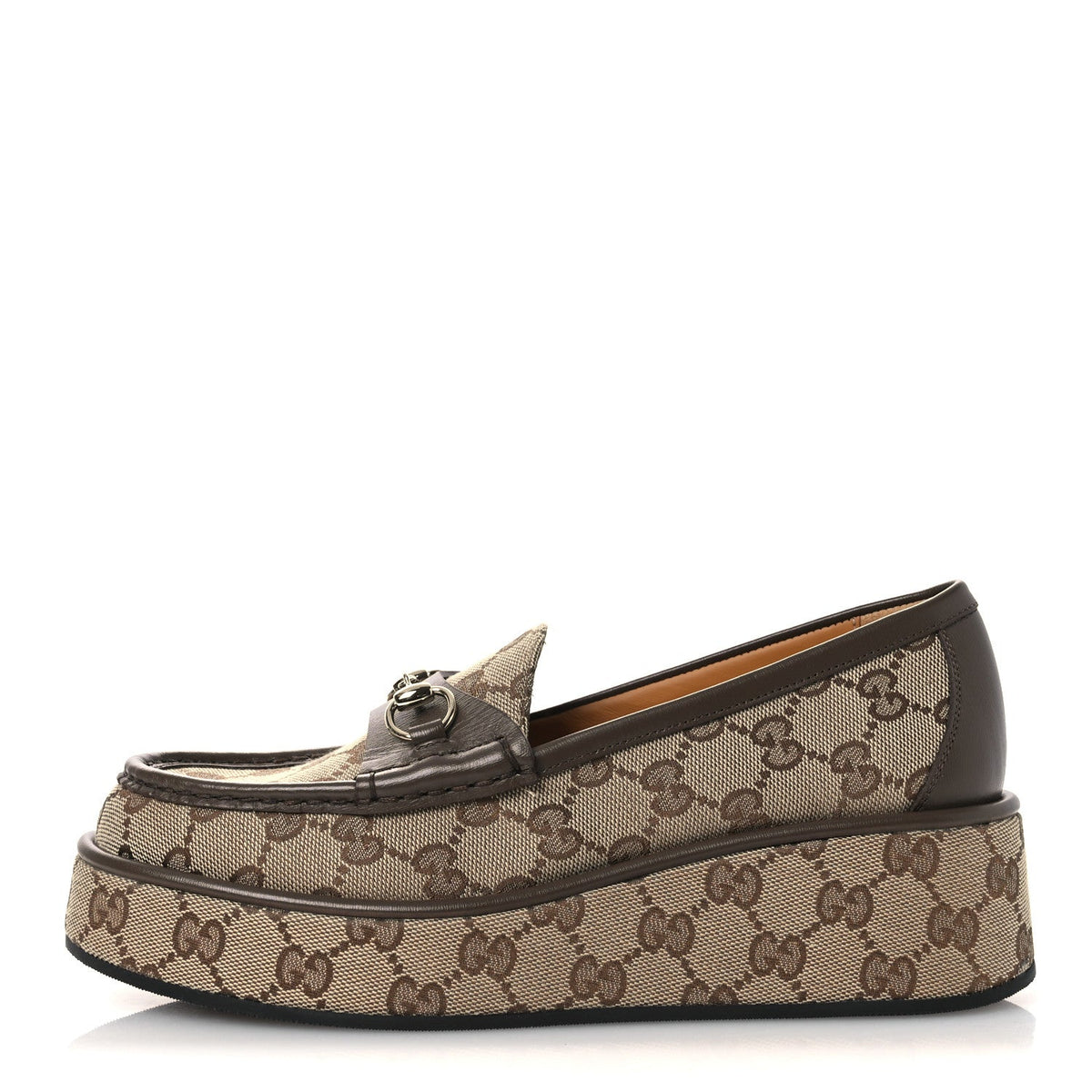 Gucci - Monogram Horsebit Calfskin Horsebit Wedge Platform Loafers
