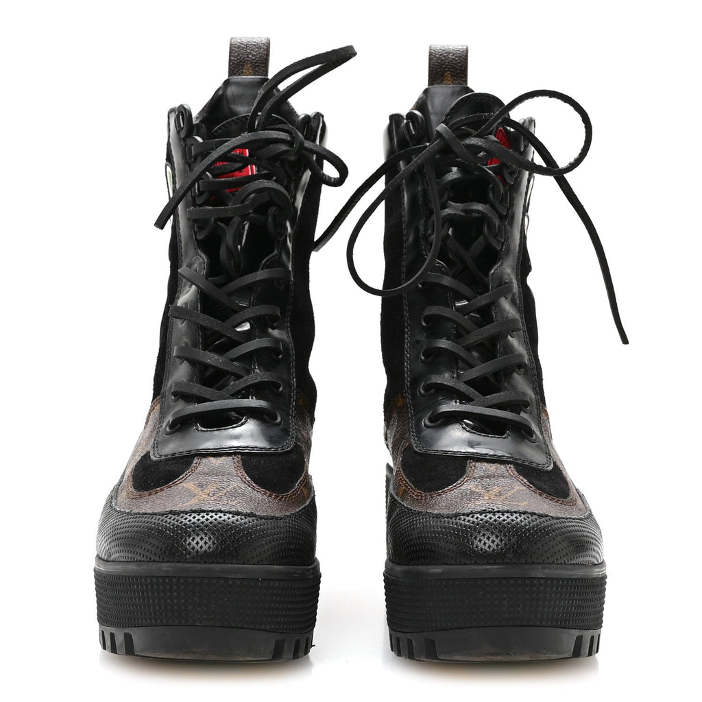 Louis Vuitton - Suede Calfskin Monogram LV Black Heart Laureate Platform Desert Boots
