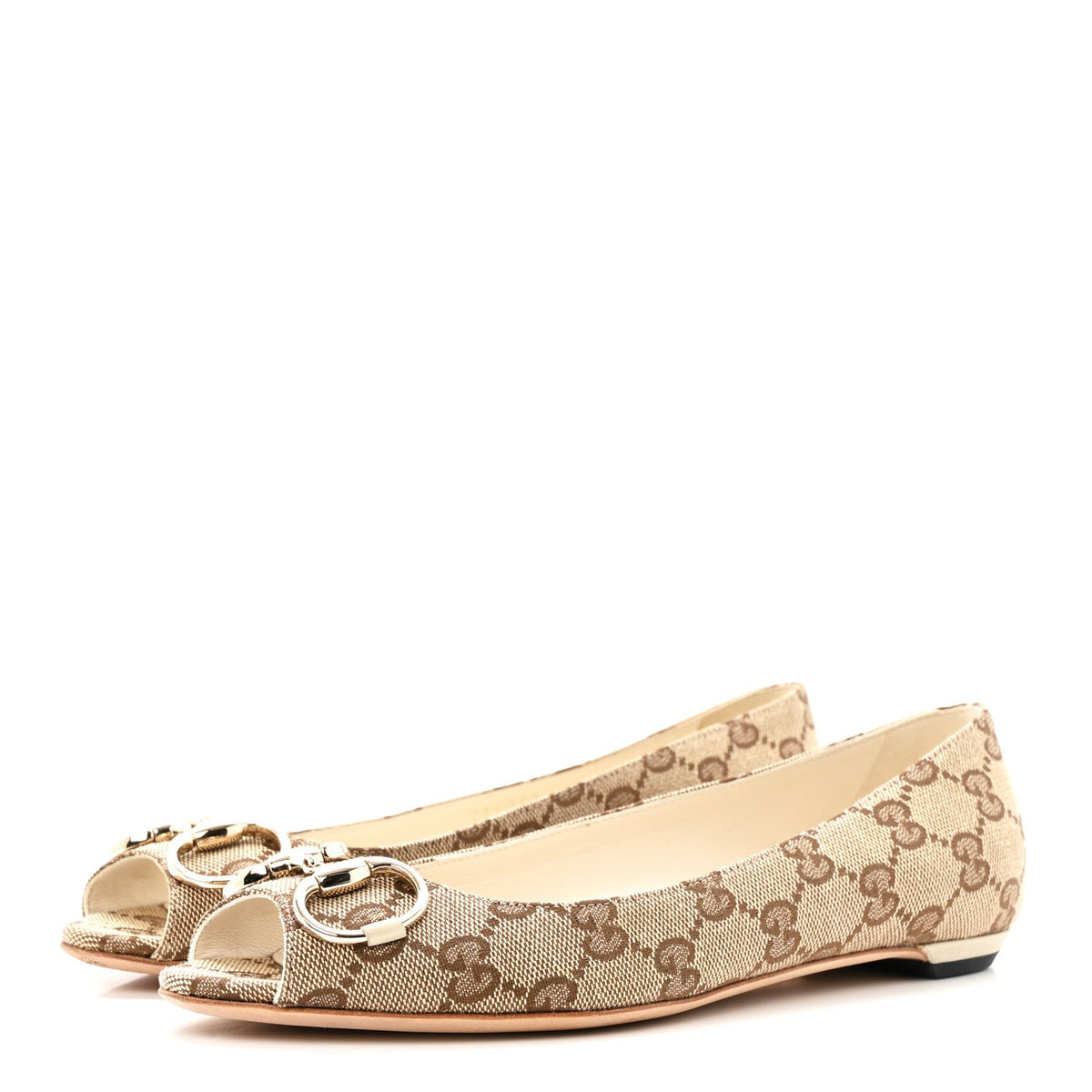 Gucci - Monogram Miro Soft Calfskin Horsebit Peep Toe Flats 6 Beige Ebony Mystic White