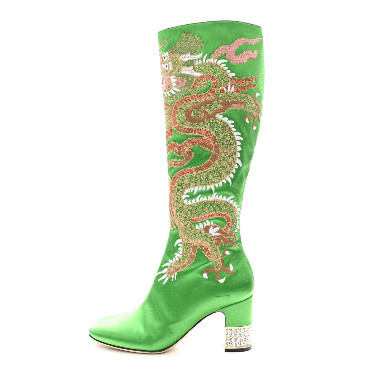 Gucci - Silk Satin Malaga Kid Embroidered Candy Dragon Block-Heel Knee Boot