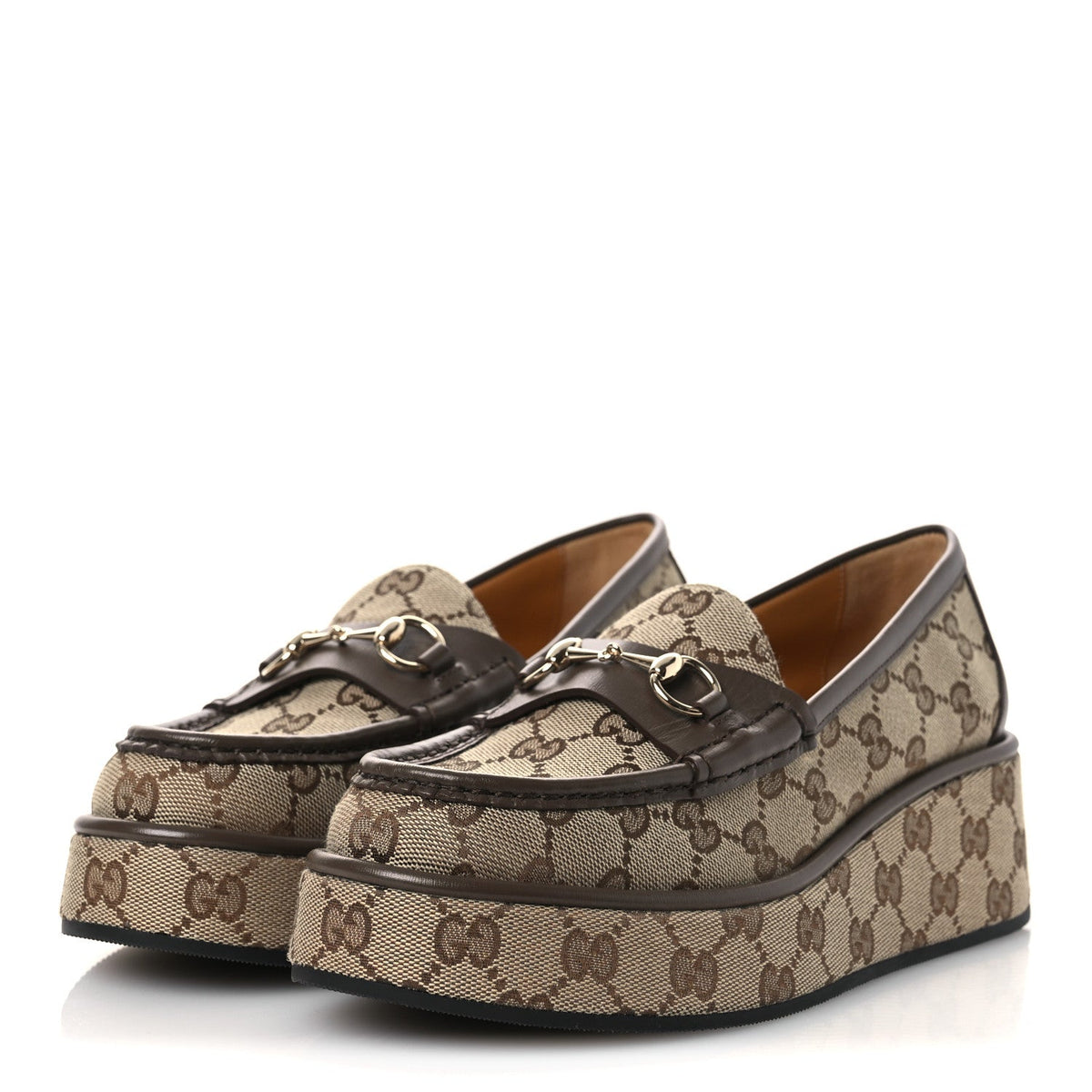Gucci - Monogram Horsebit Calfskin Horsebit Wedge Platform Loafers