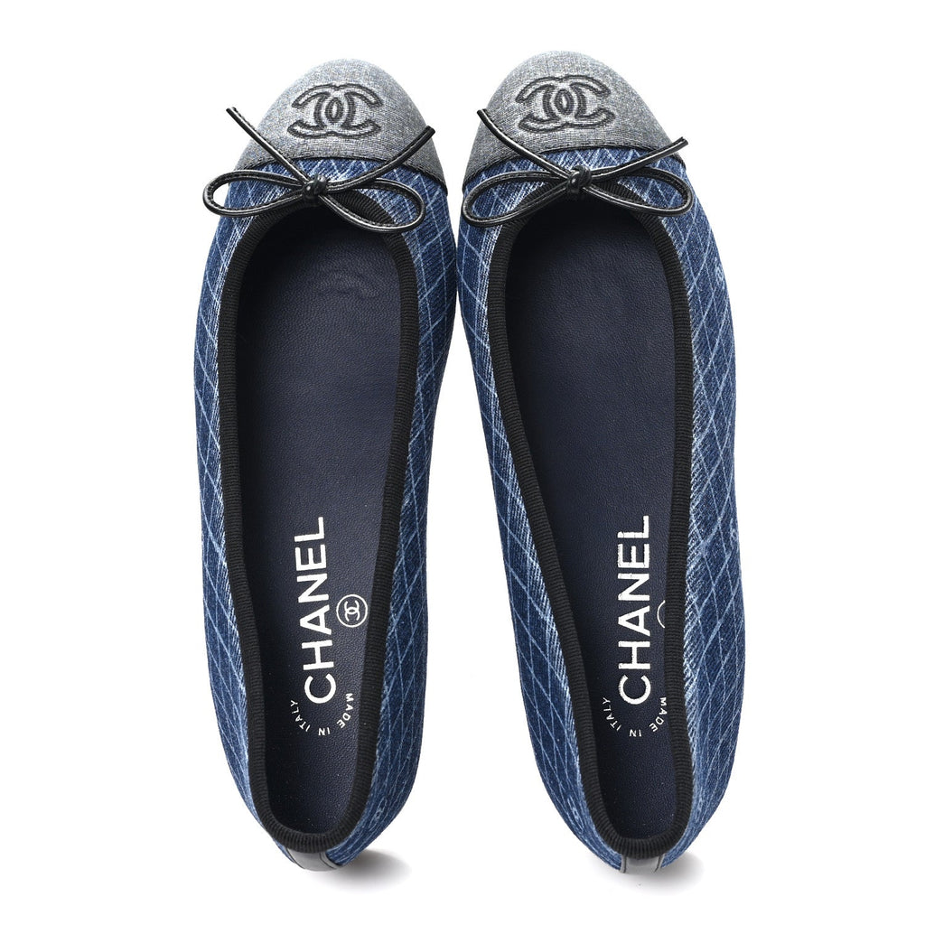 Chanel - Denim Printed Quilt CC Cap Toe Ballerina Flats