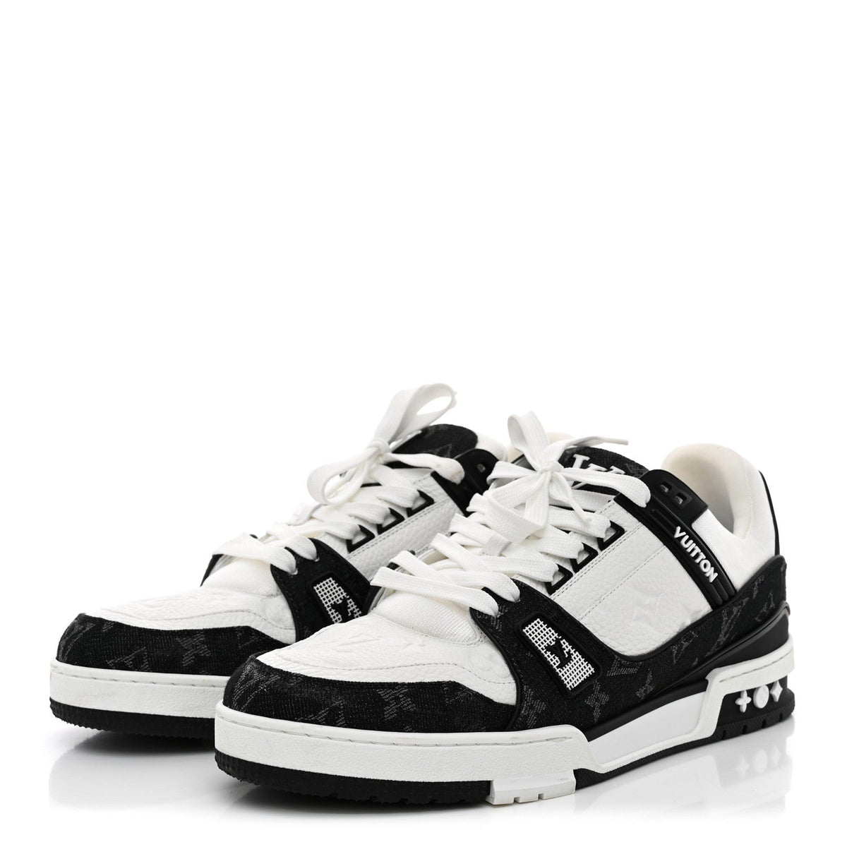 Louis Vuitton - Calfskin Embossed Monogram Denim LV Trainer Sneakers 10 Black