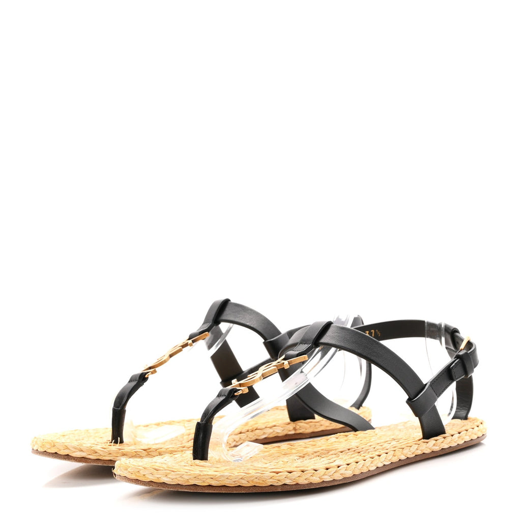 Saint Laurent - Calfskin Raffia Cassandra Monogram Sandals