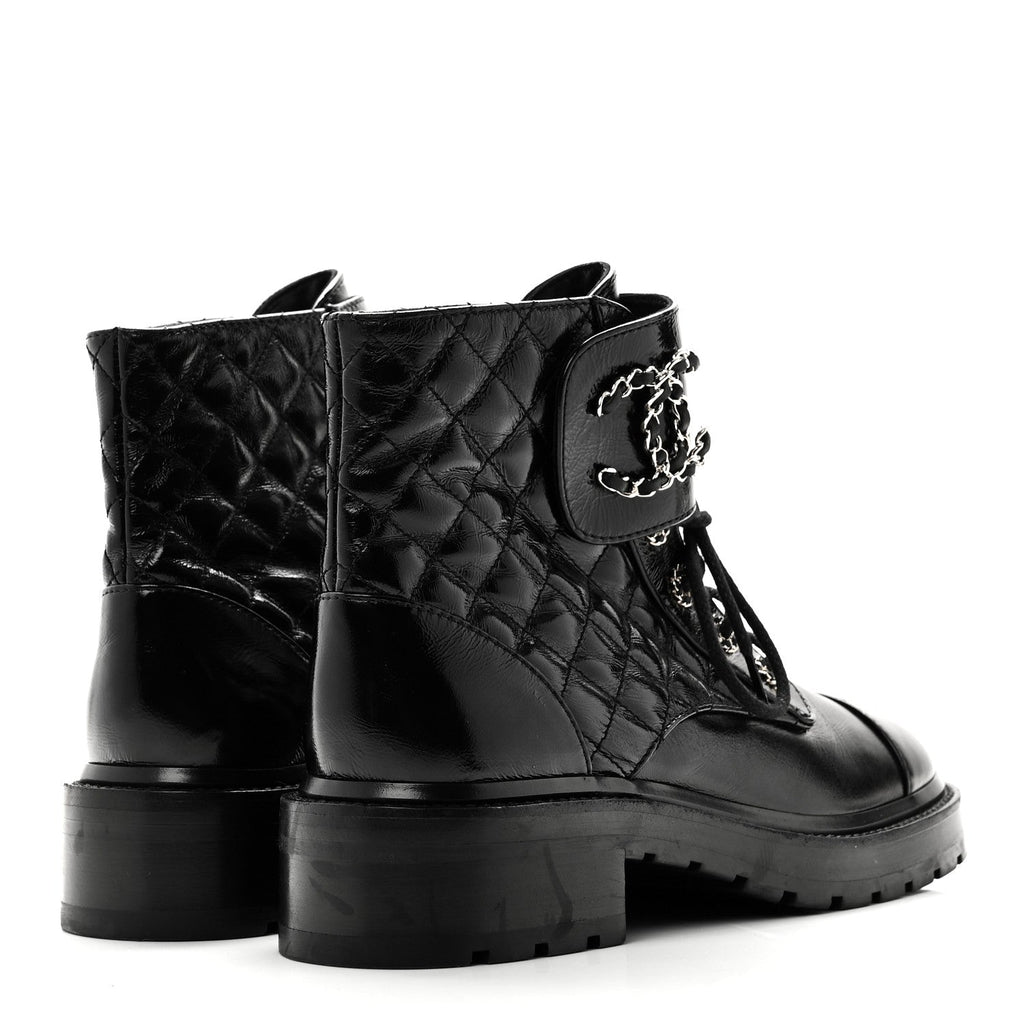 Chanel - Shiny Lambskin Quilted Lace Up Combat Boots