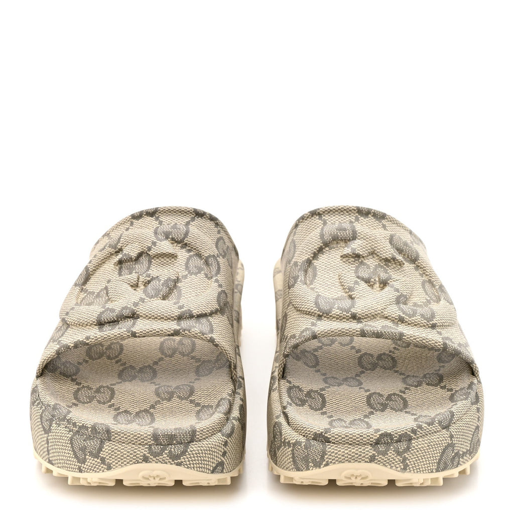 Gucci - Cubic Rubber GG Monogram Interlocking G Platform 42mm Slide Sandals 10 Beige Ebony